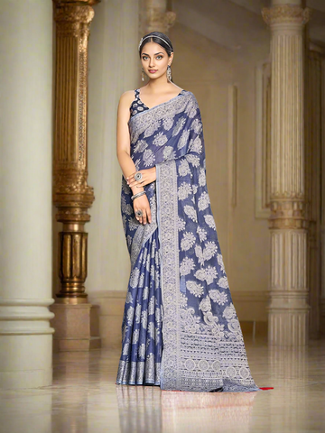Women's Lucknowi Chikankari Linen cotton Woven Sarees For Women with unstitched Blouse