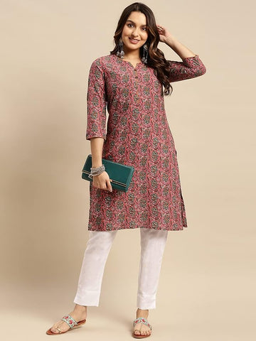 Women's Coral Cotton Knee Length Printed Straight Kurti