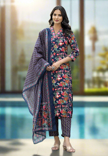 New Women's Viscose A-Line Floral Printed 3Pc Kurta Set