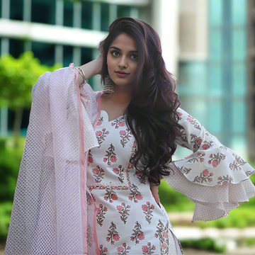 New Women's Viscose Block Printed Bell Sleeve 3Pc Kurta Set
