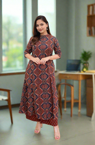 Women's Cotton Blend Maroon Kurta with Palazzo