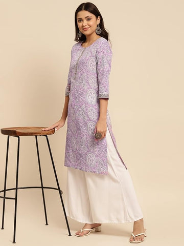 Women's Cotton Knee Length Purple Printed Straight Kurti