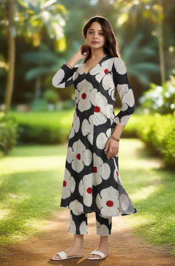 Women's Cotton Blend Straight Floral Printed Kurta with Pant