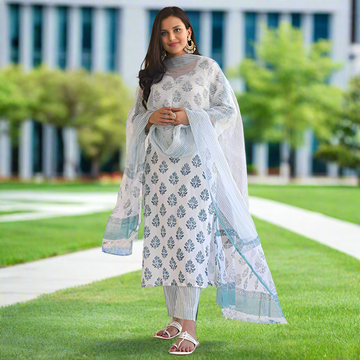 New Women's Cotton White Block Printed 3Pc Kurta Set