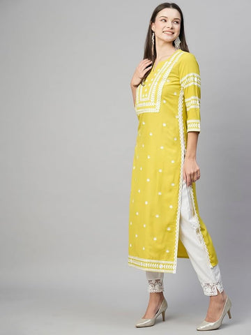 Women's Cotton Blend Embroidered Yellow Straight Kurta