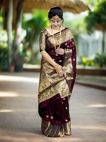 Women's Banarasi Silk Saree Kanjivaram Style With Blouse Piece For Wedding