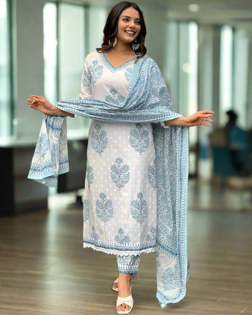 New Women's Viscose Block Printed 3Pc Kurta Set
