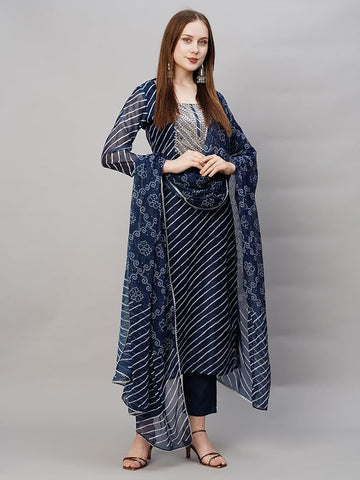 Women's Navy Blue Cotton Blend Straight Printed 3Pc Kurta Set