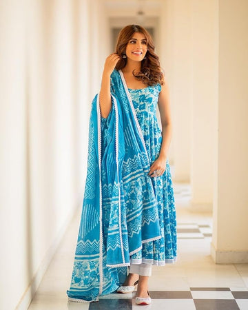 Women's Rayon Blend Printed Anarkali 3Pc Kurta Set