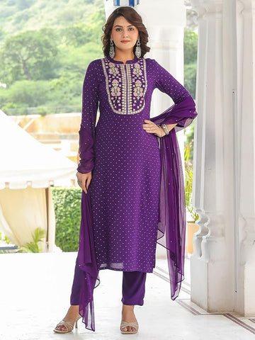 Women's Cotton Blend Purple Straight Embroidered 3Pc Kurta Set