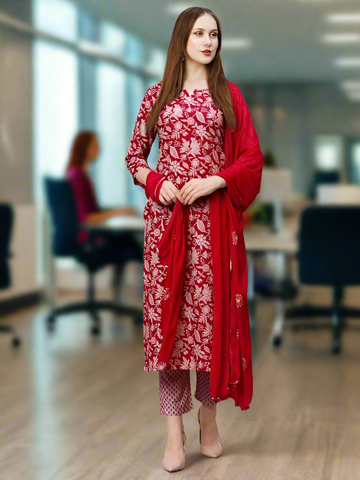 Women's Cotton Blend Red Printed Straight 3Pc Kurta Set