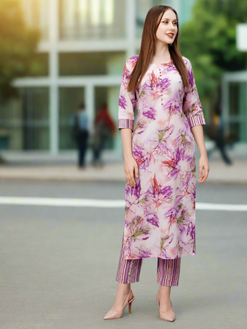 Women's Cotton Blend Purple Printed Straight Kurta With Pant