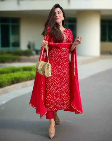 New Women's Rayon Blend Straight Bandhej Printed 3Pc Kurta Set