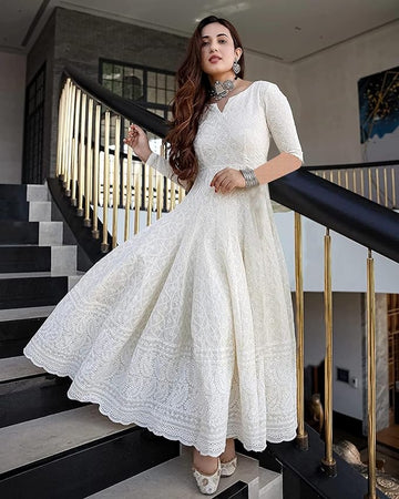 Premium Women's White Straight Cotton Chikankari Long Kurti Gown