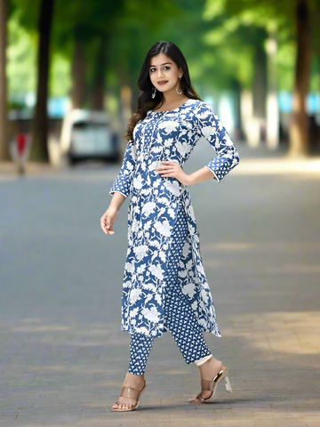 Women's Cotton Blend Printed Straight Kurta with Pant
