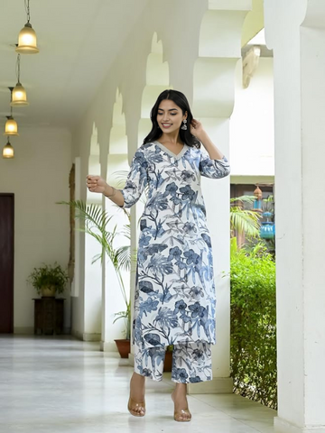 Women's Cotton Regular White Floral Kurta with Palazzo