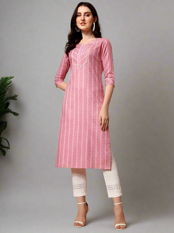 Women's Cotton Blend Pink Kurti