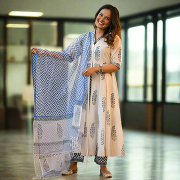 New Women's Viscose Block Printed 3Pc Kurta Set