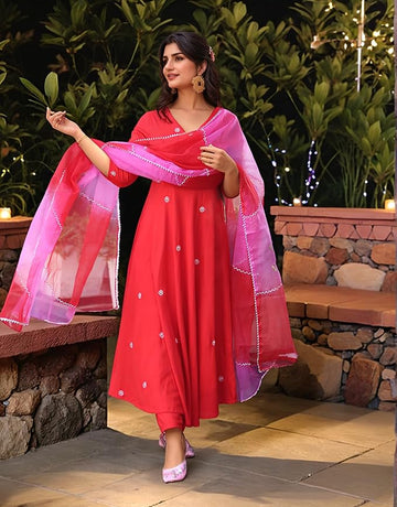 New Women's Rayon Viscose Anarkali Embroidered 3Pc Kurta Set