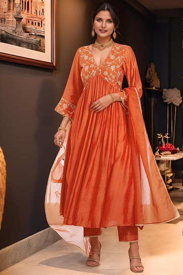 New Women's Rayon Viscose Anarkali Embroidered 3Pc Kurta Set
