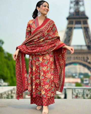 New Women's Rayon Blend Anarkali Red Floral Printed 3Pc Kurta Set
