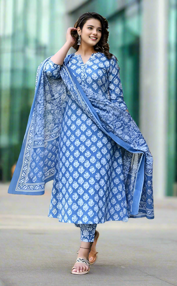 New Women's Viscose Sky Blue Printed 3Pc Kurta Set