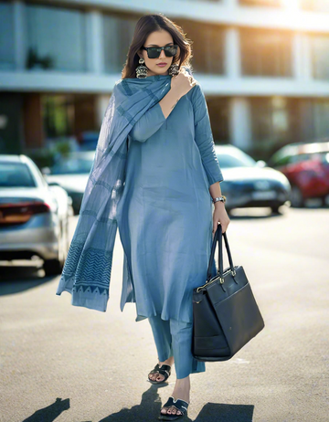 New Women's Rayon Blend Solid Straight Blue 3Pc Kurta Set