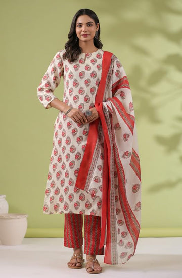 Women's Cotton Cream Orange Ethnic Motifs Printed Regular 3Pc Kurta Set