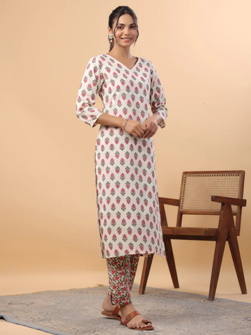Cotton Cream Ethnic Motifs Straight Kurta with Pant