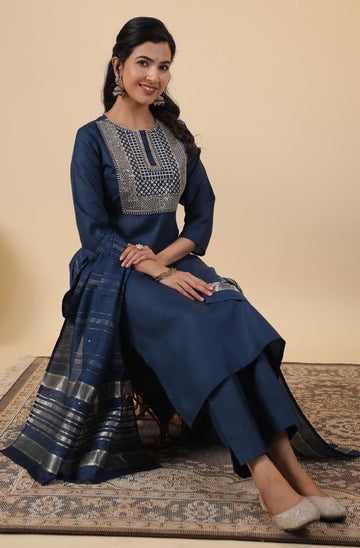 Premium Women's Cotton Navy Yoke Embroidery Straight 3Pc Kurta Set