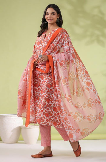 Women's Cotton White and Orange Floral Printed Regular 3Pc Kurta Set