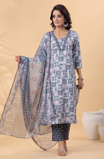 Women's Grey Viscose Ethnic Motifs Straight 3Pc Kurta Set