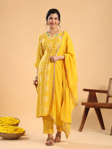 Mustard Chanderi Ethnic Motifs Gathered 3Pc Kurta Set