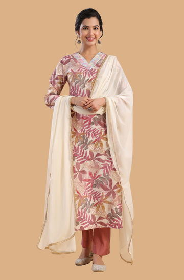 Premium Floral Peach Chanderi Ethnic Motifs Gathered 3Pc Kurta Set
