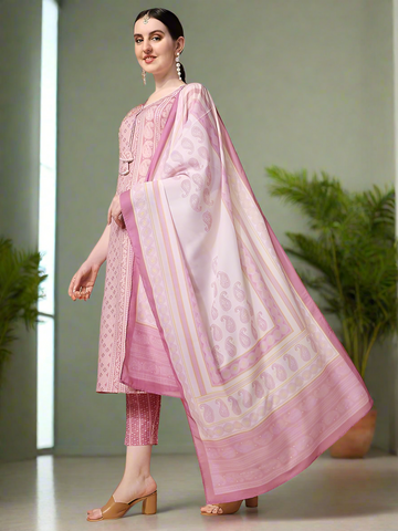 Women's Cotton Blend Pink 3Pc Kurta Set