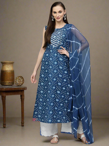Women's Bandhej Printed Cotton Flared Kurta And Dupatta Set (Navy Blue)