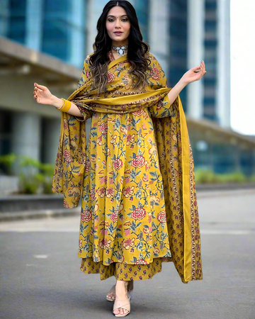 New Women's Rayon Blend Anarkali Yellow Floral Printed 3Pc Kurta Set