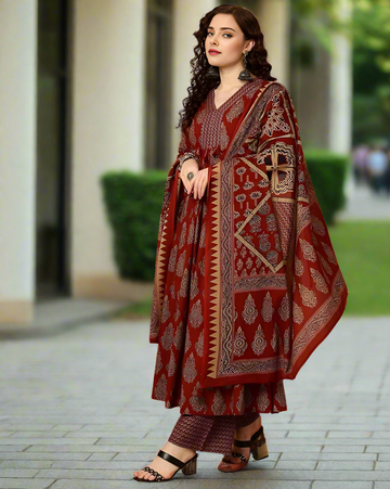 New Women's Viscose Red Printed 3Pc Kurta Set