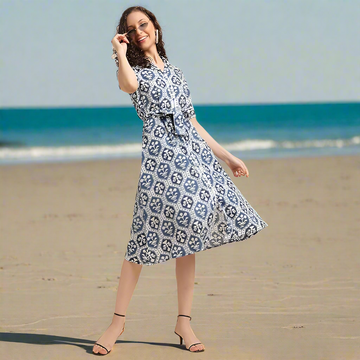 Women's Cotton Blend Half Sleeve & Spread Collar Tunic Dress