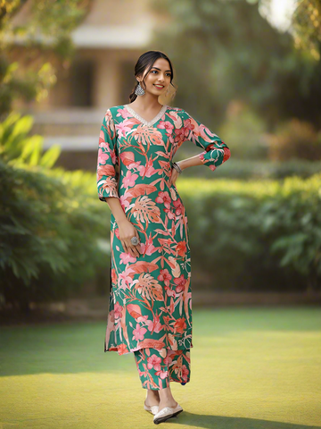 Women's Cotton Regular Green Floral Kurta with Palazzo