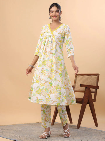 Premium Cotton White & Yellow Floral Printed A-Line Kurta With Pant
