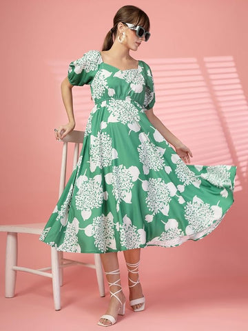 Premium Women's Green White Printed Maxi Dress With Puffed Sleeve