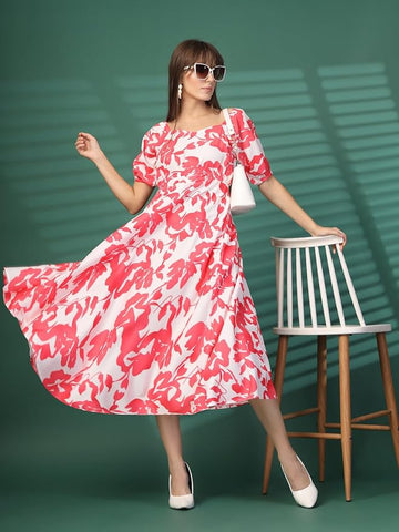 Stylish Women's White Pink Printed Maxi Dress With Puffed Sleeve