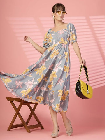 Women's Printed Stylish Maxi Dress With Puffed Sleeve