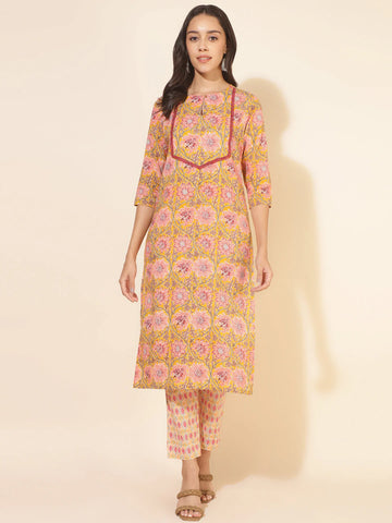 Cotton Mustard Floral Straight Kurta With Pant