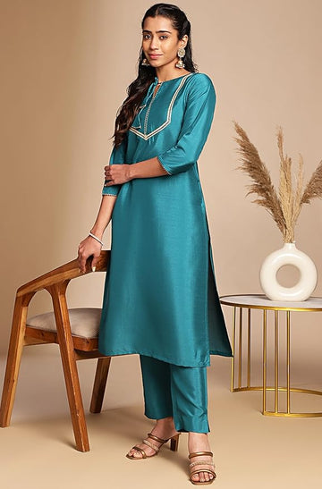 Premium Women's Silk Teal Yoke Design Regular Kurta With Pant