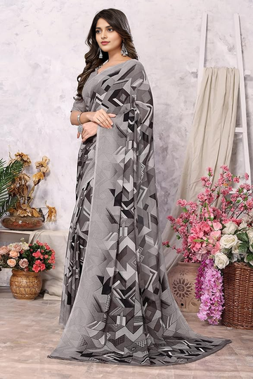 Women's Trendy Printed Georgette Grey Saree with Blouse Material