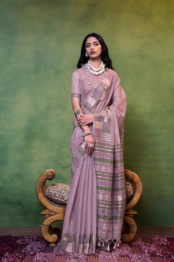 Women's Kanjivaram Soft Cotton Linen Silk Saree With Unstitched Blouse Piece