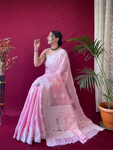 Women's Kanjivaram Soft Cotton Linen Silk Saree With Blouse Piece