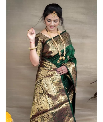 New Women's Zari Woven Cotton Silk Jacquard Saree With Unstitched Blouse